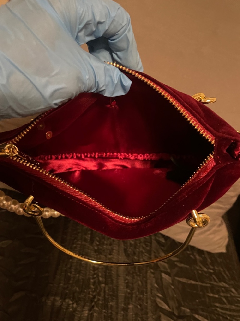 Gucci Burgundy Velvet Mini Bag with Pearl Handle and Bee Emblem - Picture 12 of 17